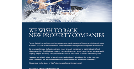 Image for Palmer Capital Kick Starts Marketing Campaign To Back A New UK Property Company…